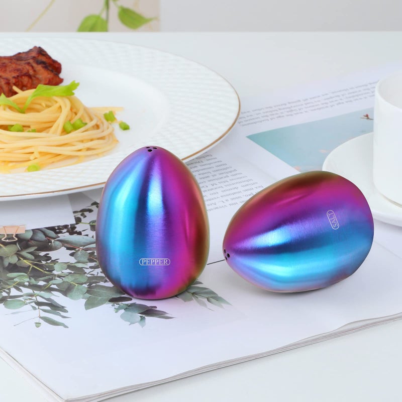 BISDARUN 2-Piece Set Rainbow Salt Pepper Shakers, Cute Egg Shape Stainless Steel Condiment Jar for Home and Kitchen Utensils, Comfortable and Ergonomic - Image 3